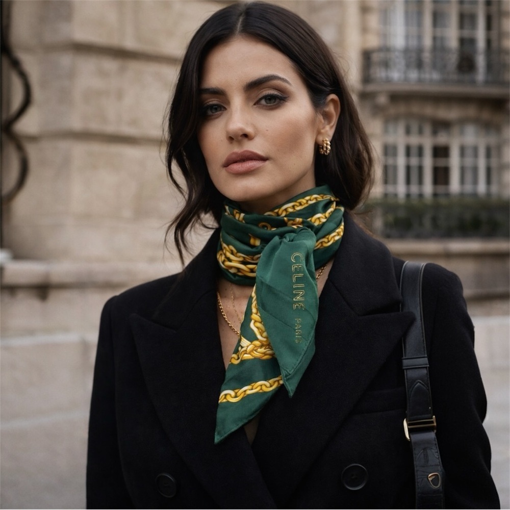 CELINE PARIS Vintage Emerald Green Gold Chain Silk Scarf 34”